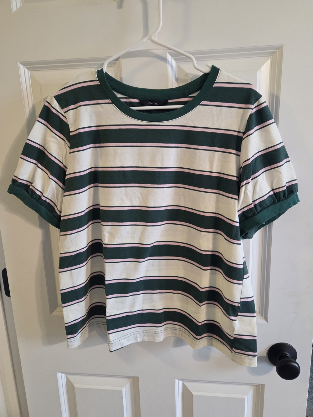 Green and White Striped Tee with Pink Accents Large